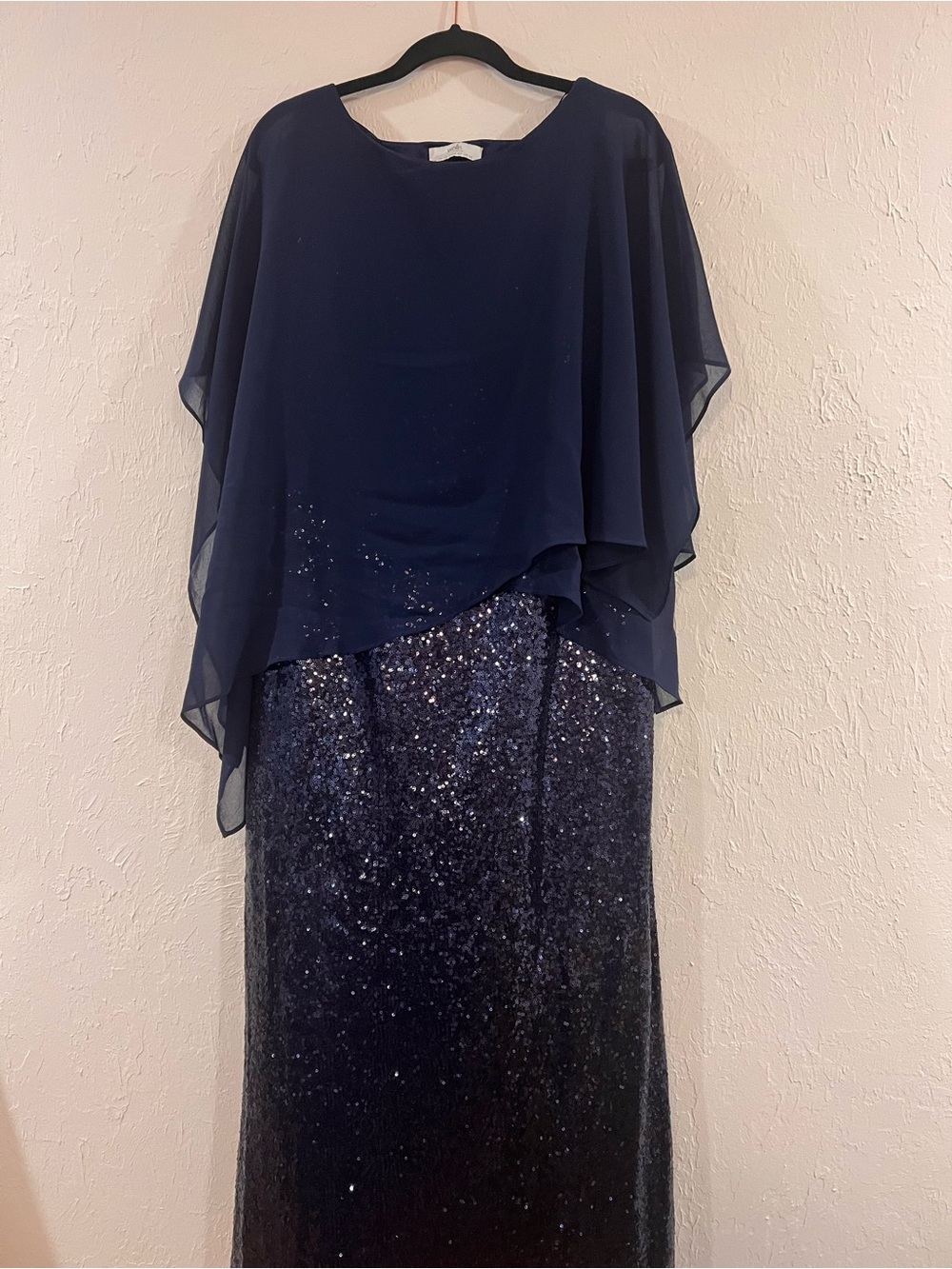 Elegant Navy Sequin Evening Dress with Chiffon Overlay